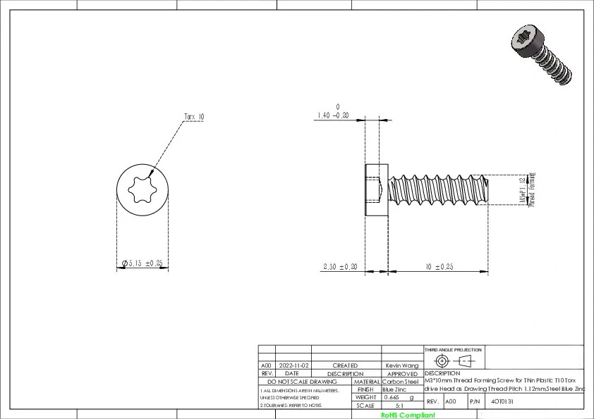 M3 x 10mm Thread Forming Screw for Thin Plastic  Cap Head  T10 Torx drive Thread Pitch  1.12mm