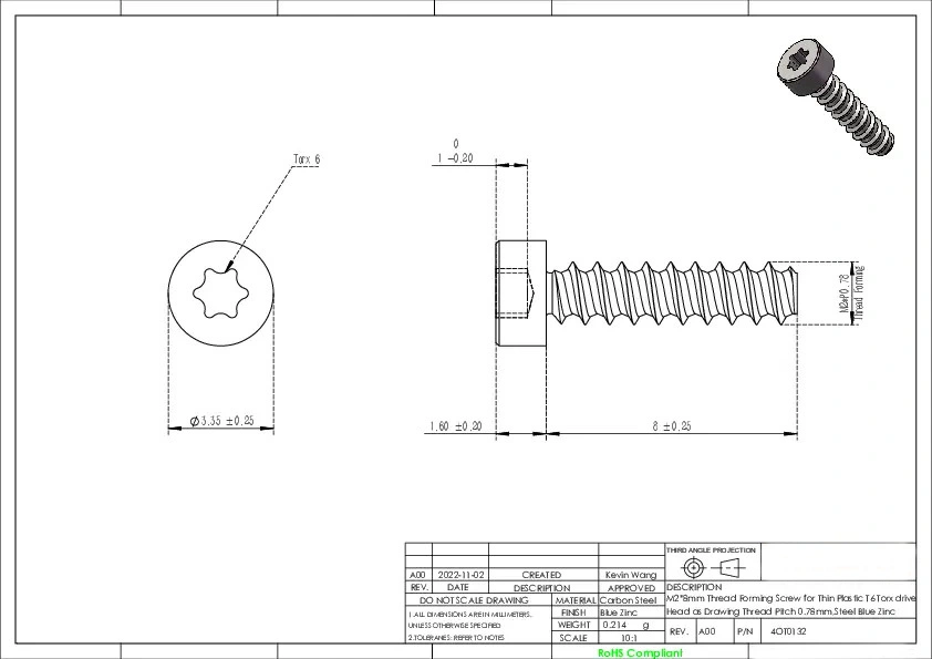 M2 x 8mm Thread Forming Screw for Thin Plastic T6 Torx drive Cap Head Thread Pitch 0.78mm