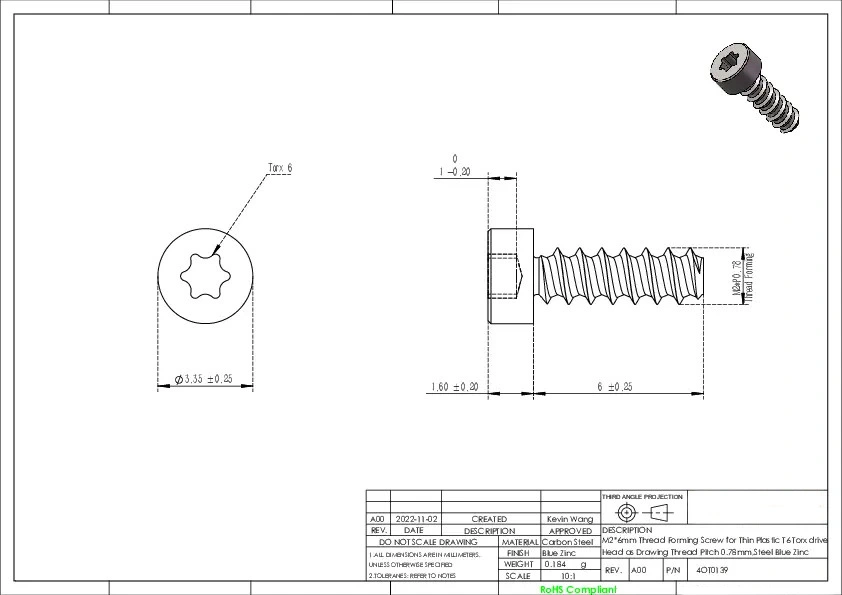 M2 x 6mm Thread Forming Screw for Thin Plastic T6 Torx drive Cap Head Thread Pitch 0.78mm