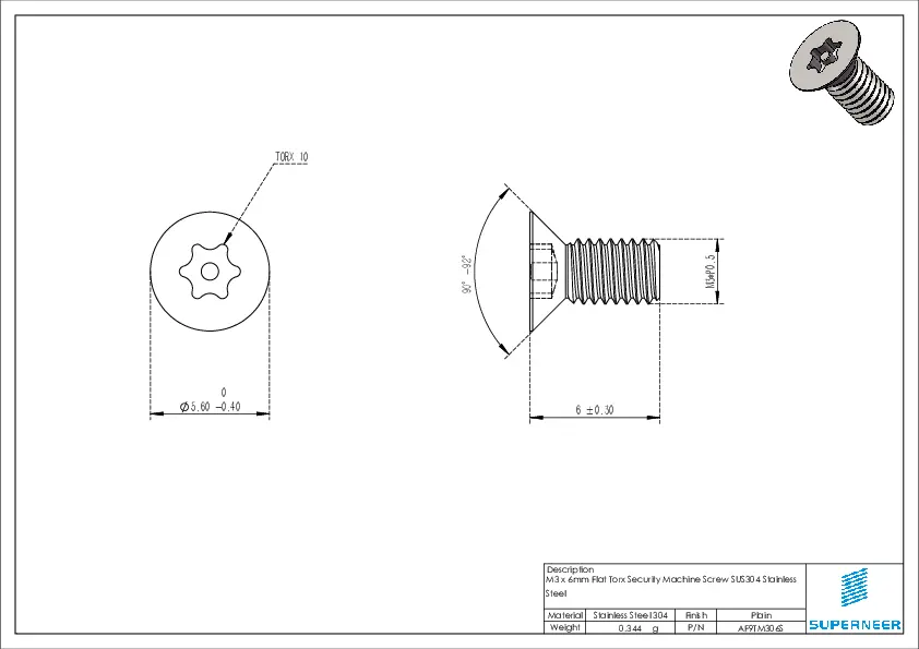 M3 Countersunk (security) Torx X 6mm