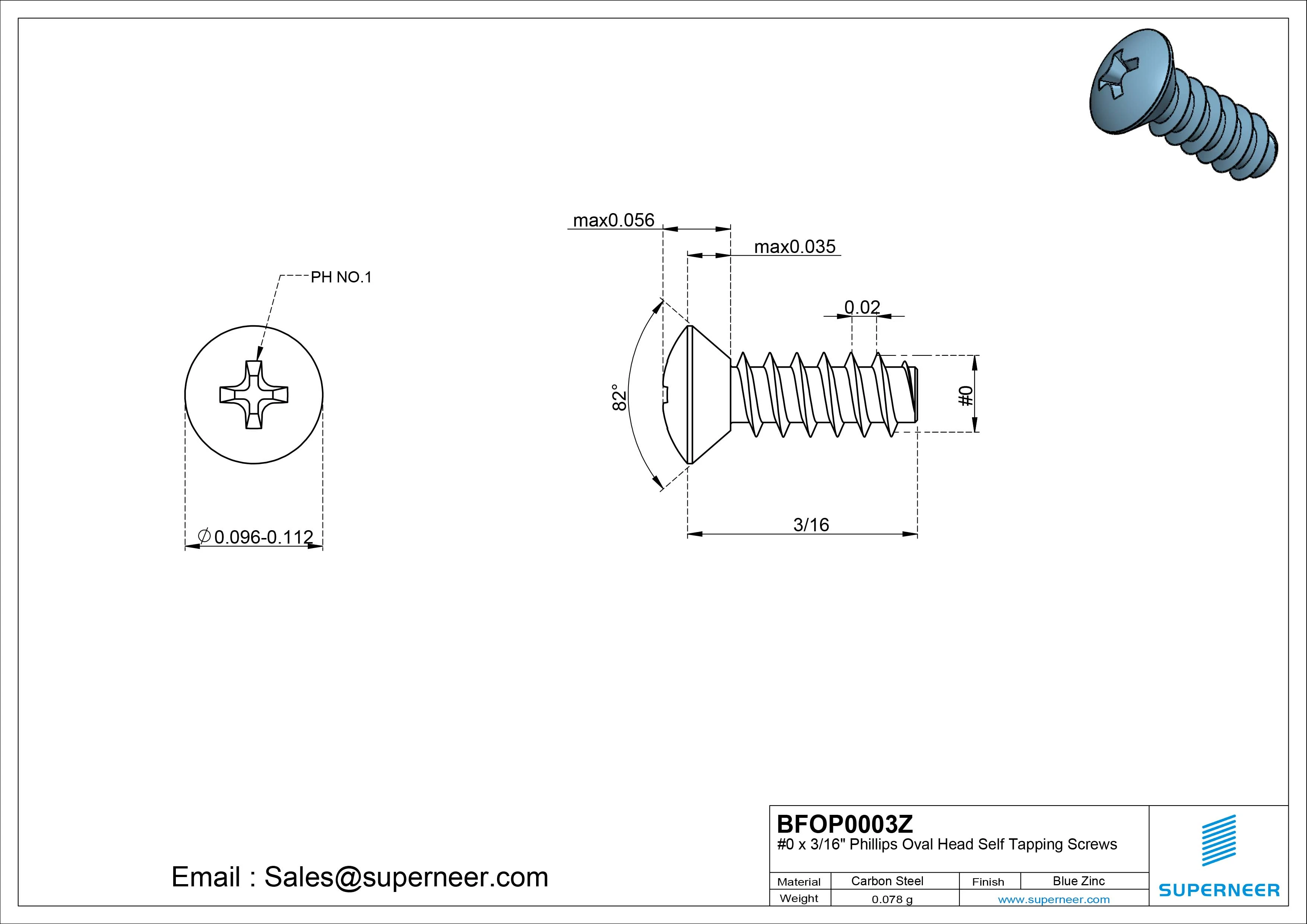 0 x 3/16" Phillips Oval Head Self Tapping Screws Steel Blue Zinc Plated