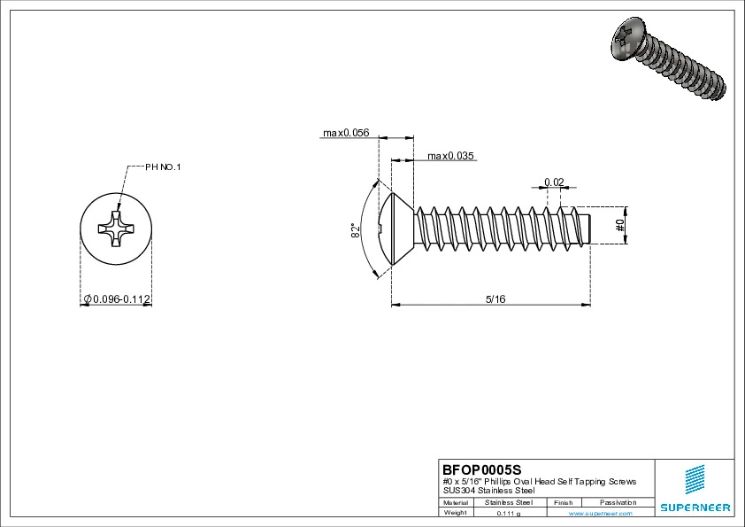 0 x 5/16" Phillips Oval Head Self Tapping Screws SUS304 Stainless Steel Inox