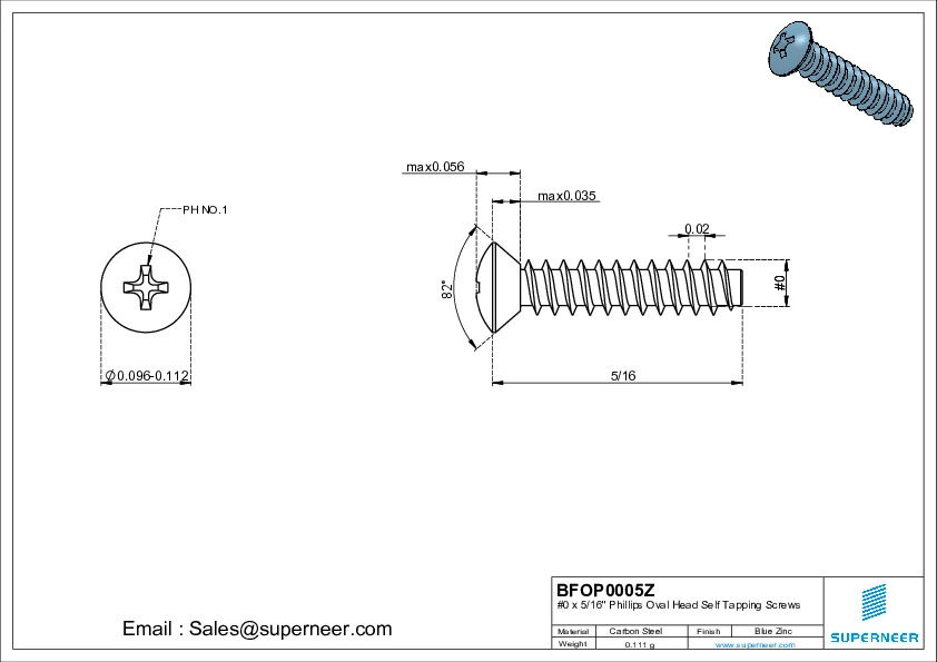 0 x 5/16" Phillips Oval Head Self Tapping Screws Steel Blue Zinc Plated