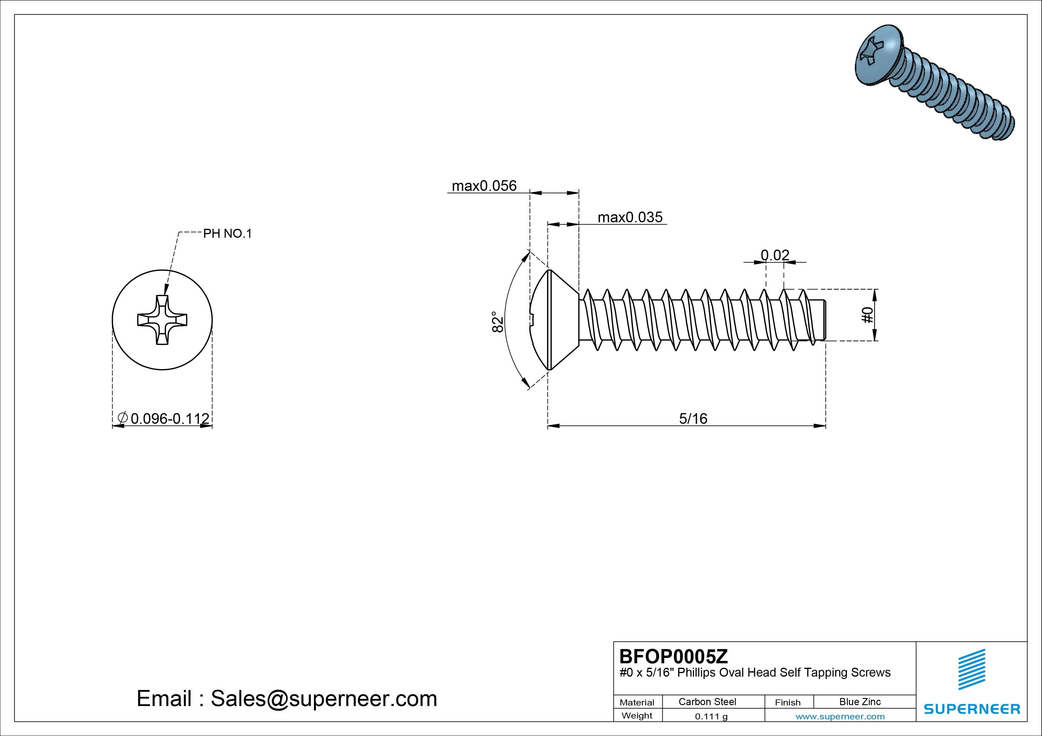 0 x 5/16" Phillips Oval Head Self Tapping Screws Steel Blue Zinc Plated