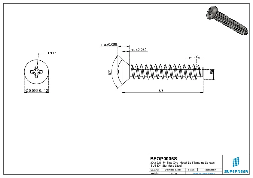 0 x 3/8" Phillips Oval Head Self Tapping Screws SUS304 Stainless Steel Inox