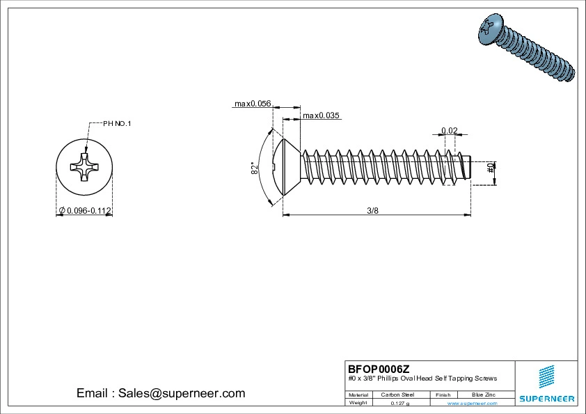 0 x 3/8" Phillips Oval Head Self Tapping Screws Steel Blue Zinc Plated