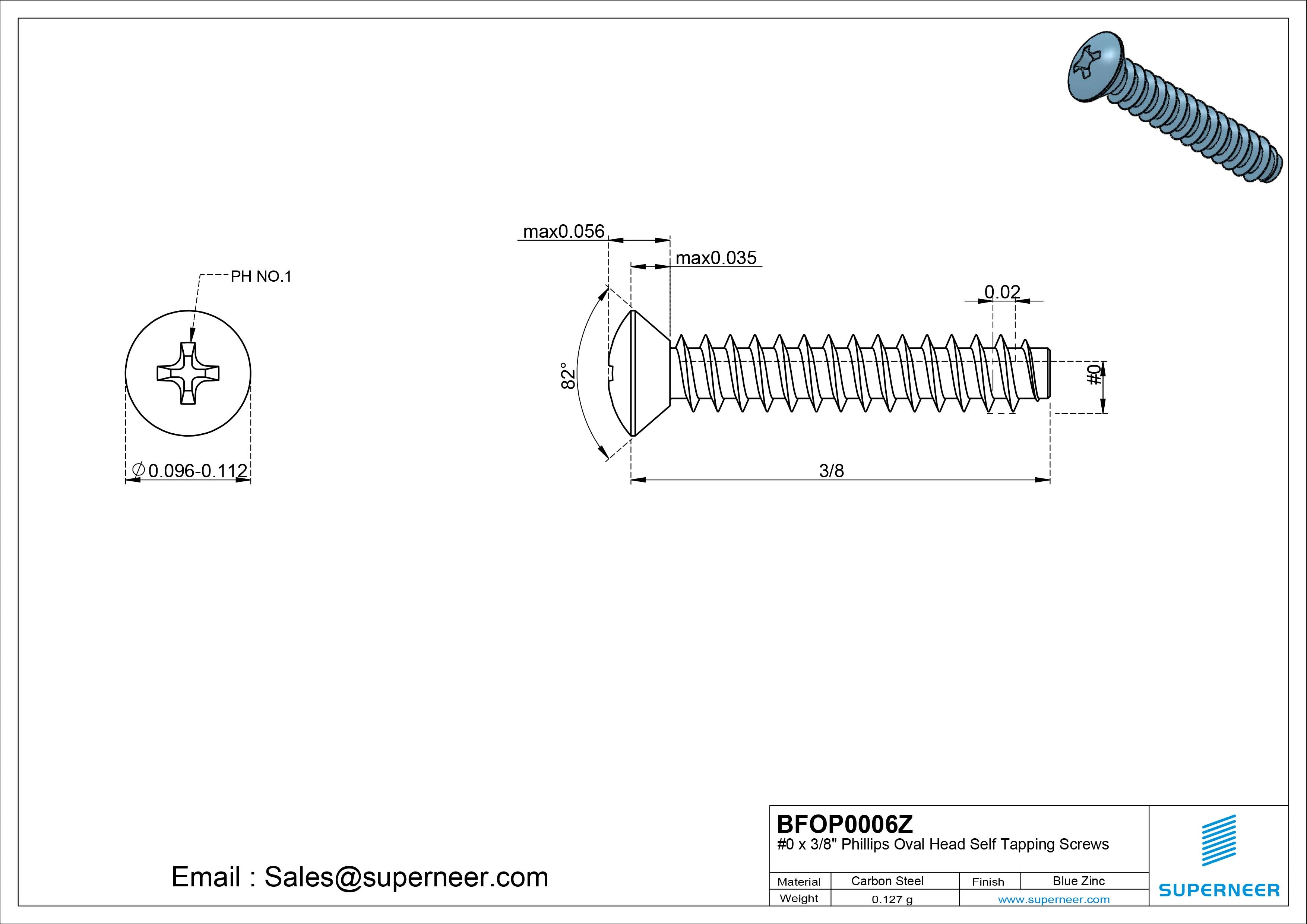 0 x 3/8" Phillips Oval Head Self Tapping Screws Steel Blue Zinc Plated