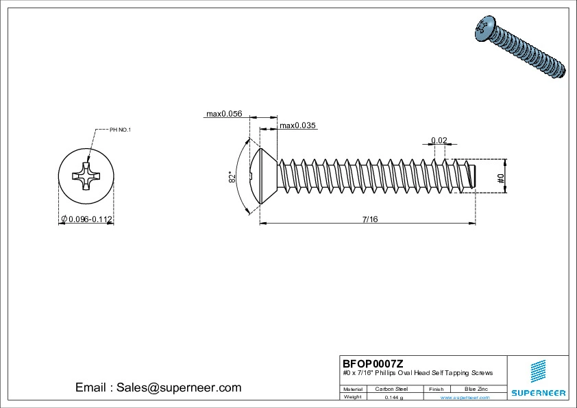 0 x 7/16" Phillips Oval Head Self Tapping Screws Steel Blue Zinc Plated