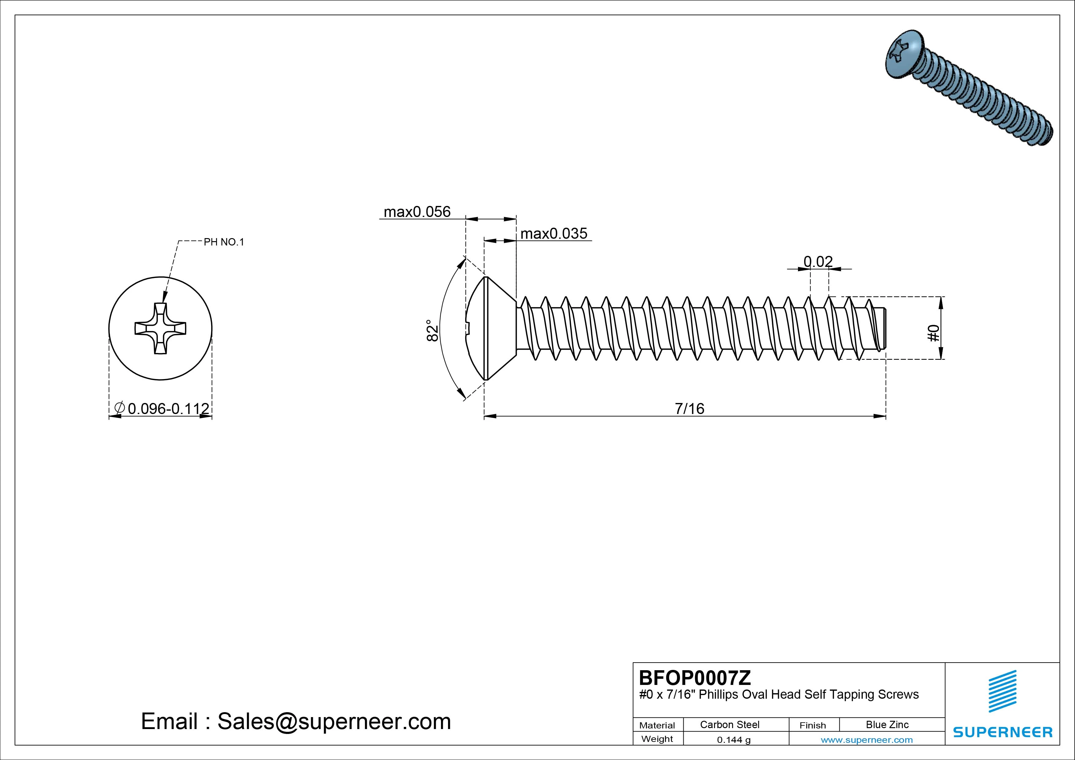 0 x 7/16" Phillips Oval Head Self Tapping Screws Steel Blue Zinc Plated