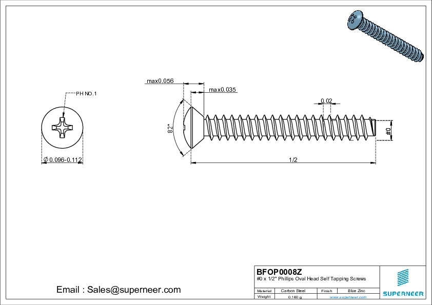 0 x 1/2" Phillips Oval Head Self Tapping Screws Steel Blue Zinc Plated