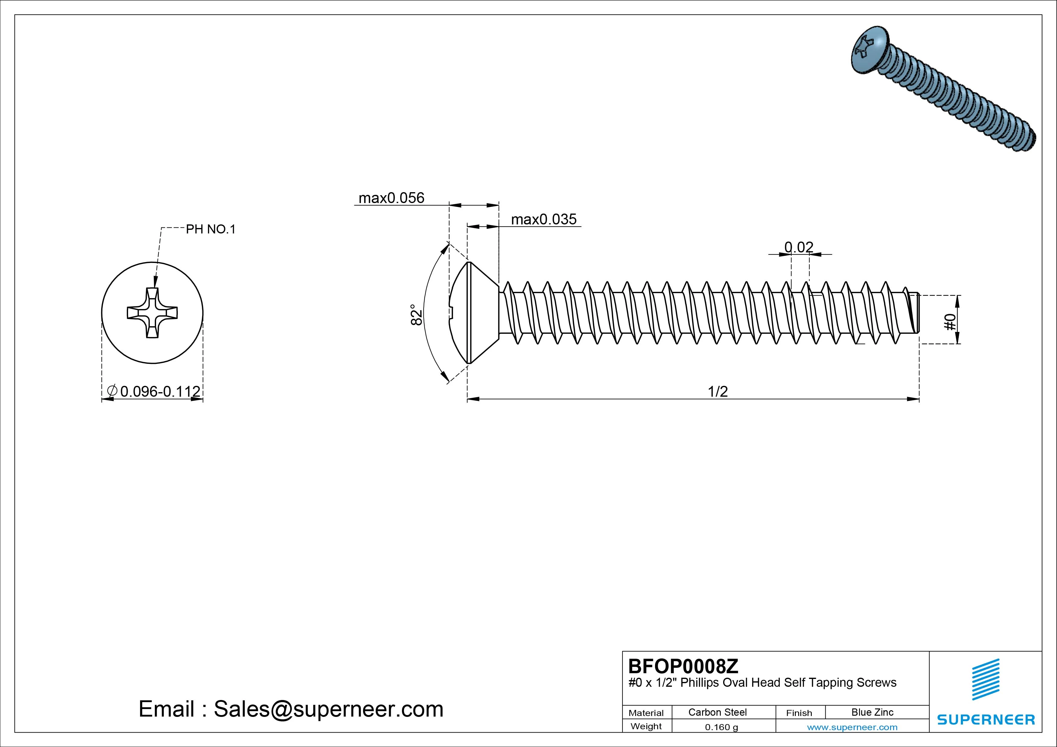 0 x 1/2" Phillips Oval Head Self Tapping Screws Steel Blue Zinc Plated
