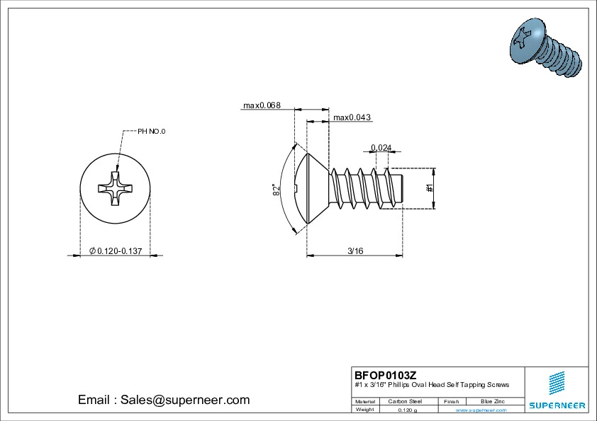 1 x 3/16" Phillips Oval Head Self Tapping Screws Steel Blue Zinc Plated