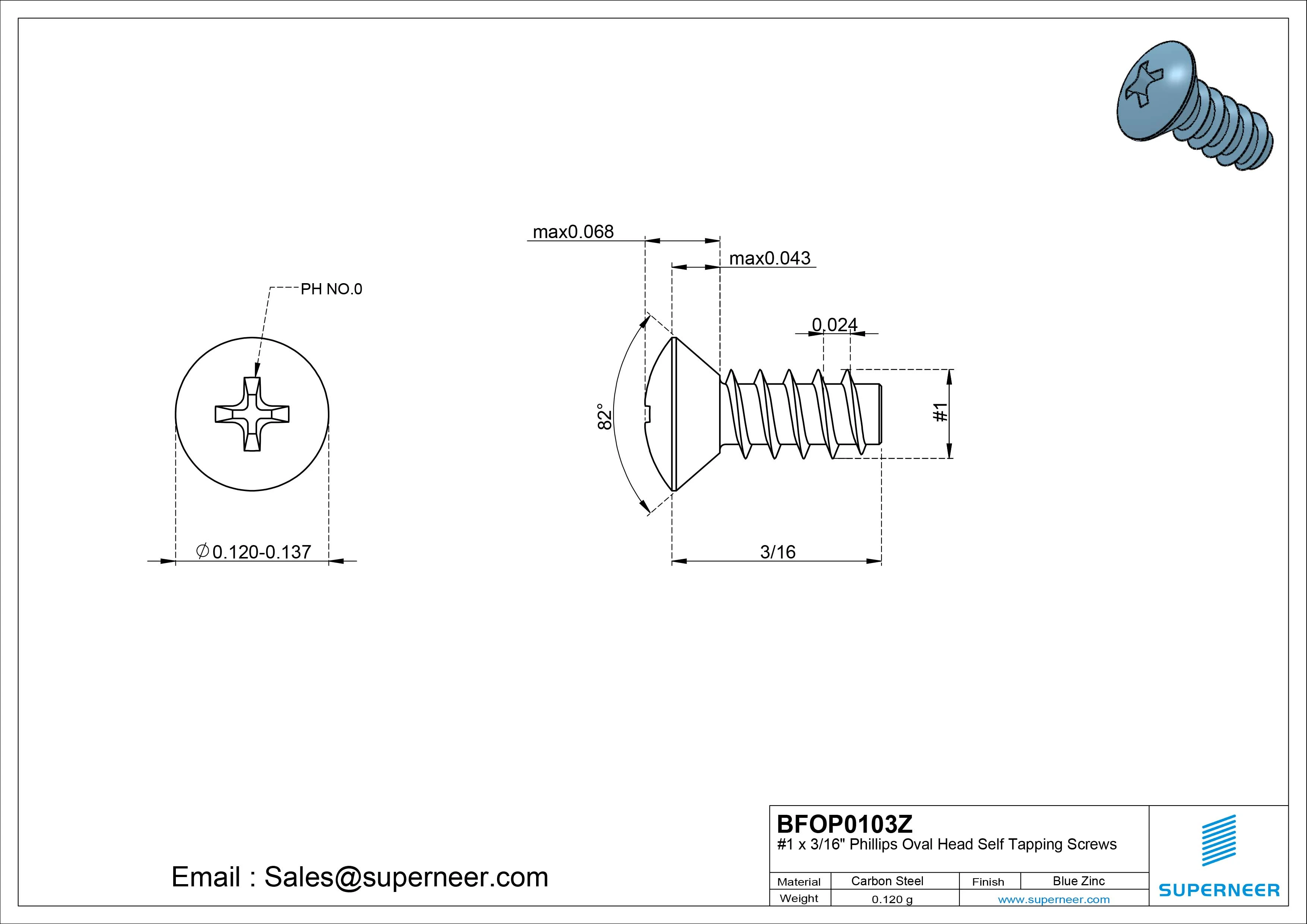 1 x 3/16" Phillips Oval Head Self Tapping Screws Steel Blue Zinc Plated