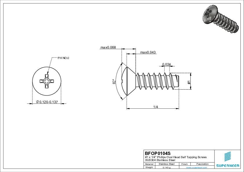 1 x 1/4" Phillips Oval Head Self Tapping Screws SUS304 Stainless Steel Inox