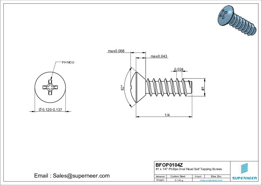 1 x 1/4" Phillips Oval Head Self Tapping Screws Steel Blue Zinc Plated