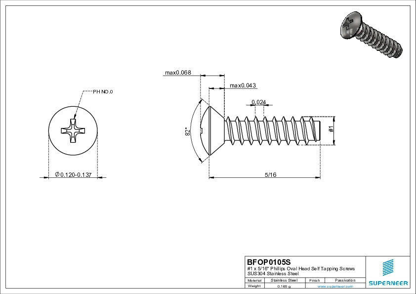 1 x 5/16" Phillips Oval Head Self Tapping Screws SUS304 Stainless Steel Inox