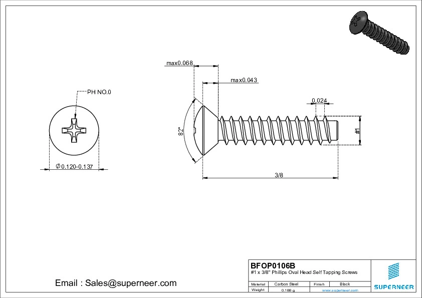 1 x 3/8" Phillips Oval Head Self Tapping Screws Steel Black Zinc Plated