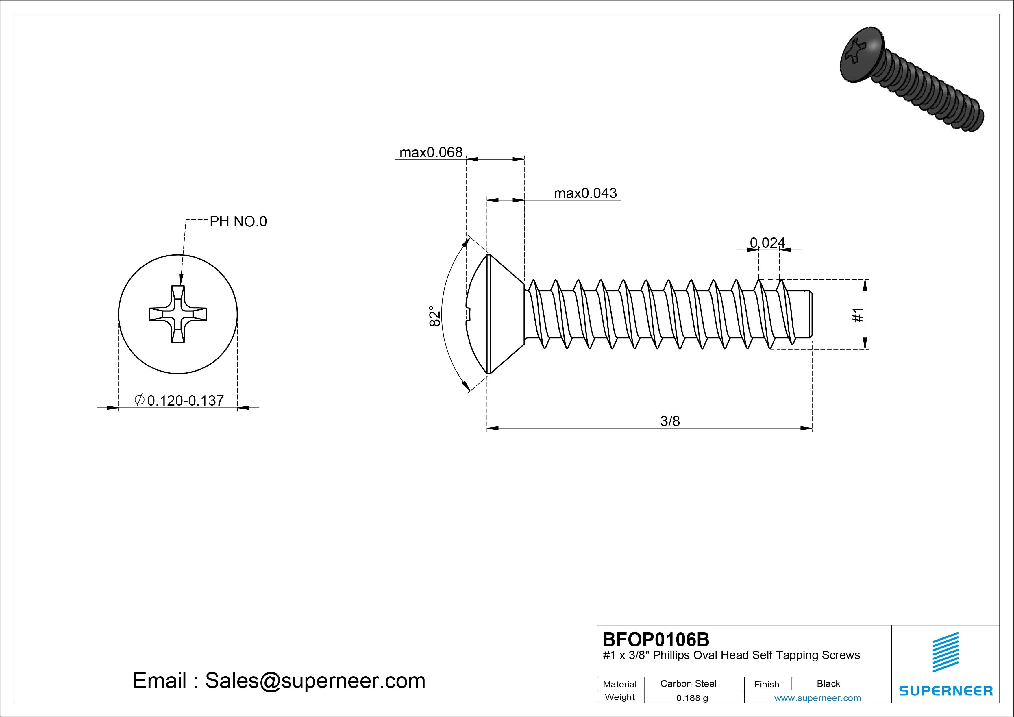 1 x 3/8" Phillips Oval Head Self Tapping Screws Steel Black Zinc Plated