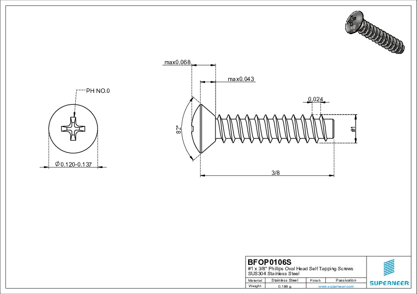 1 x 3/8" Phillips Oval Head Self Tapping Screws SUS304 Stainless Steel Inox