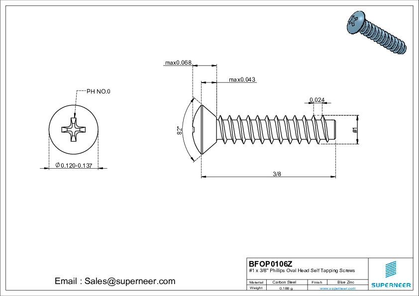 1 x 3/8" Phillips Oval Head Self Tapping Screws Steel Blue Zinc Plated