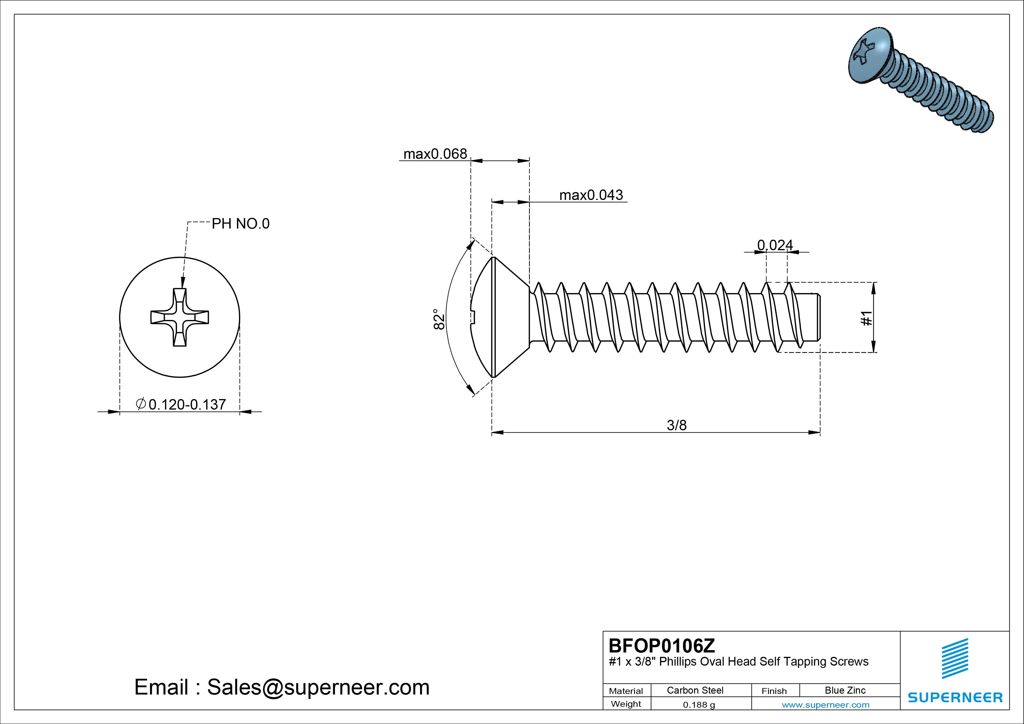 1 x 3/8" Phillips Oval Head Self Tapping Screws Steel Blue Zinc Plated