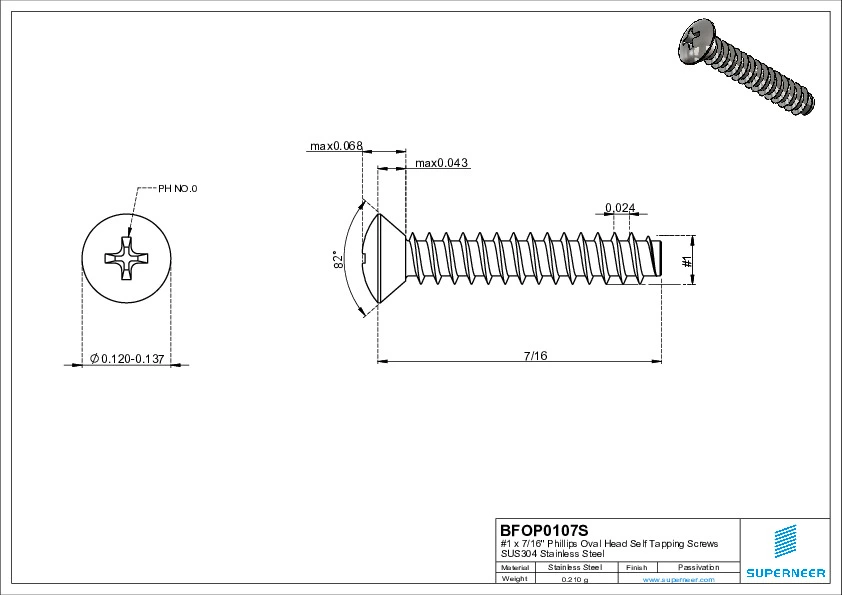 1 x 7/16" Phillips Oval Head Self Tapping Screws SUS304 Stainless Steel Inox