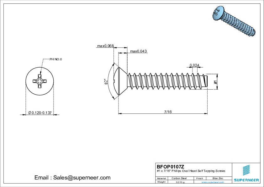 1 x 7/16" Phillips Oval Head Self Tapping Screws Steel Blue Zinc Plated