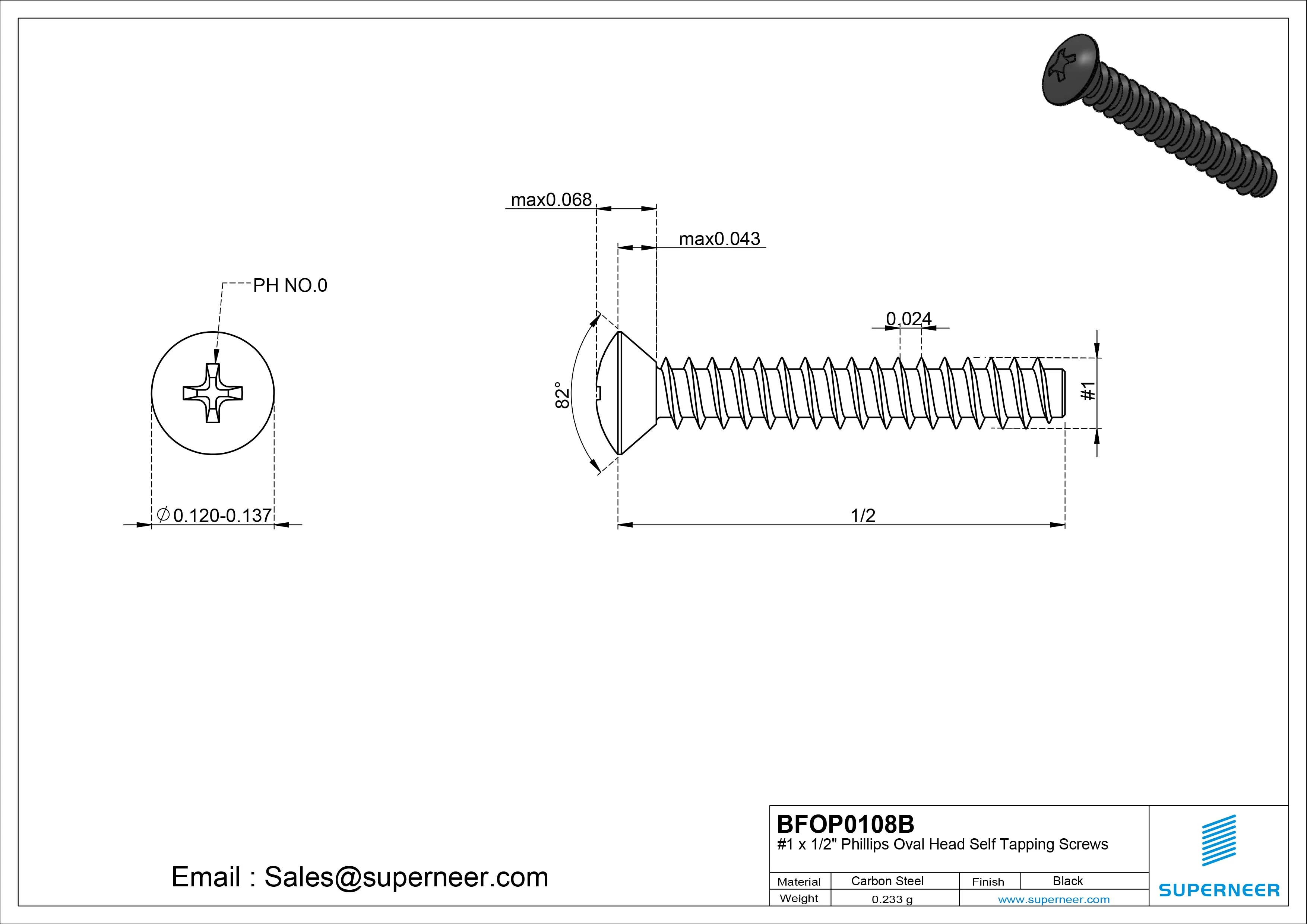 1 x 1/2" Phillips Oval Head Self Tapping Screws Steel Black Zinc Plated