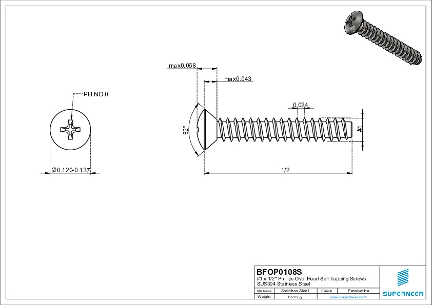 1 x 1/2" Phillips Oval Head Self Tapping Screws SUS304 Stainless Steel Inox