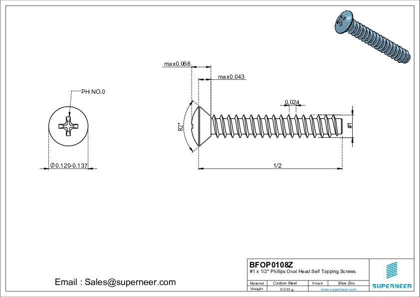 1 x 1/2" Phillips Oval Head Self Tapping Screws Steel Blue Zinc Plated