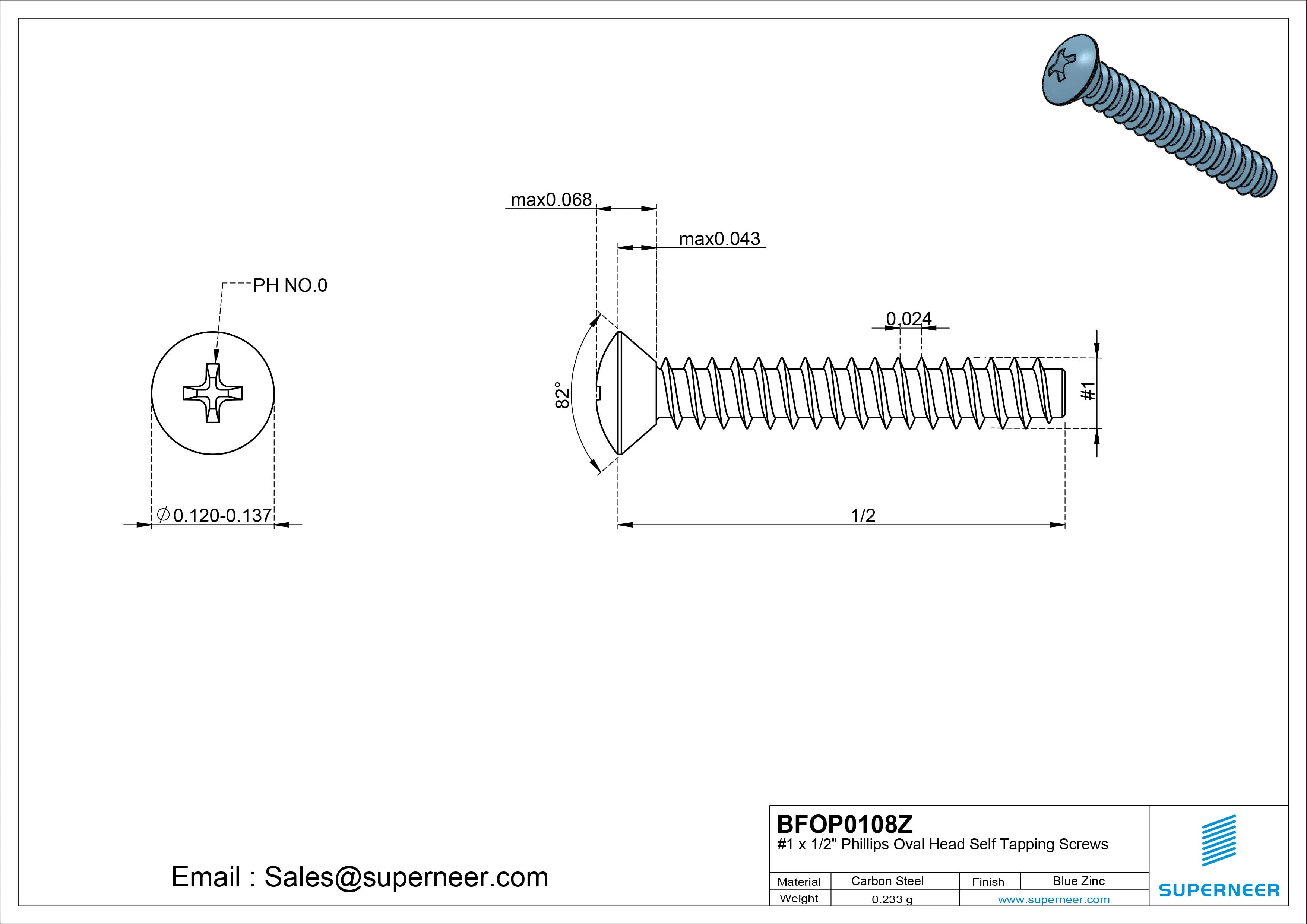 1 x 1/2" Phillips Oval Head Self Tapping Screws Steel Blue Zinc Plated