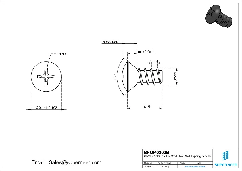 2-32 x 3/16" Phillips Oval Head Self Tapping Screws Steel Black Zinc Plated