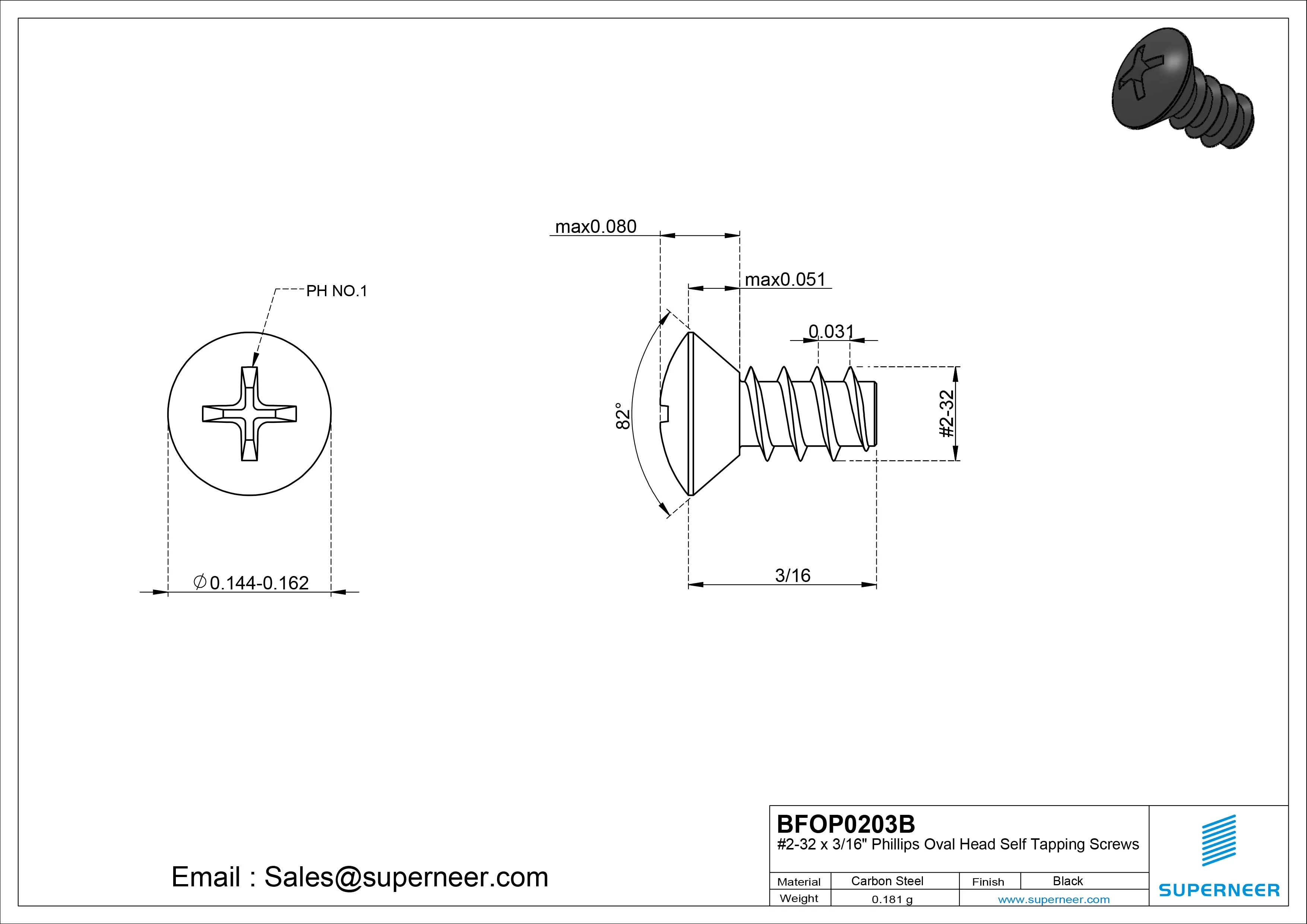 2-32 x 3/16" Phillips Oval Head Self Tapping Screws Steel Black Zinc Plated