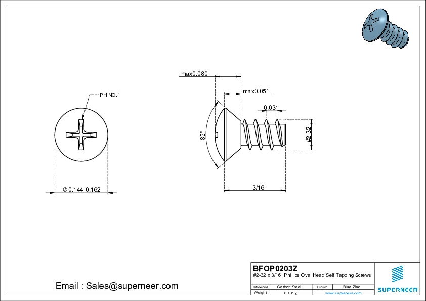 2-32 x 3/16" Phillips Oval Head Self Tapping Screws Steel Blue Zinc Plated