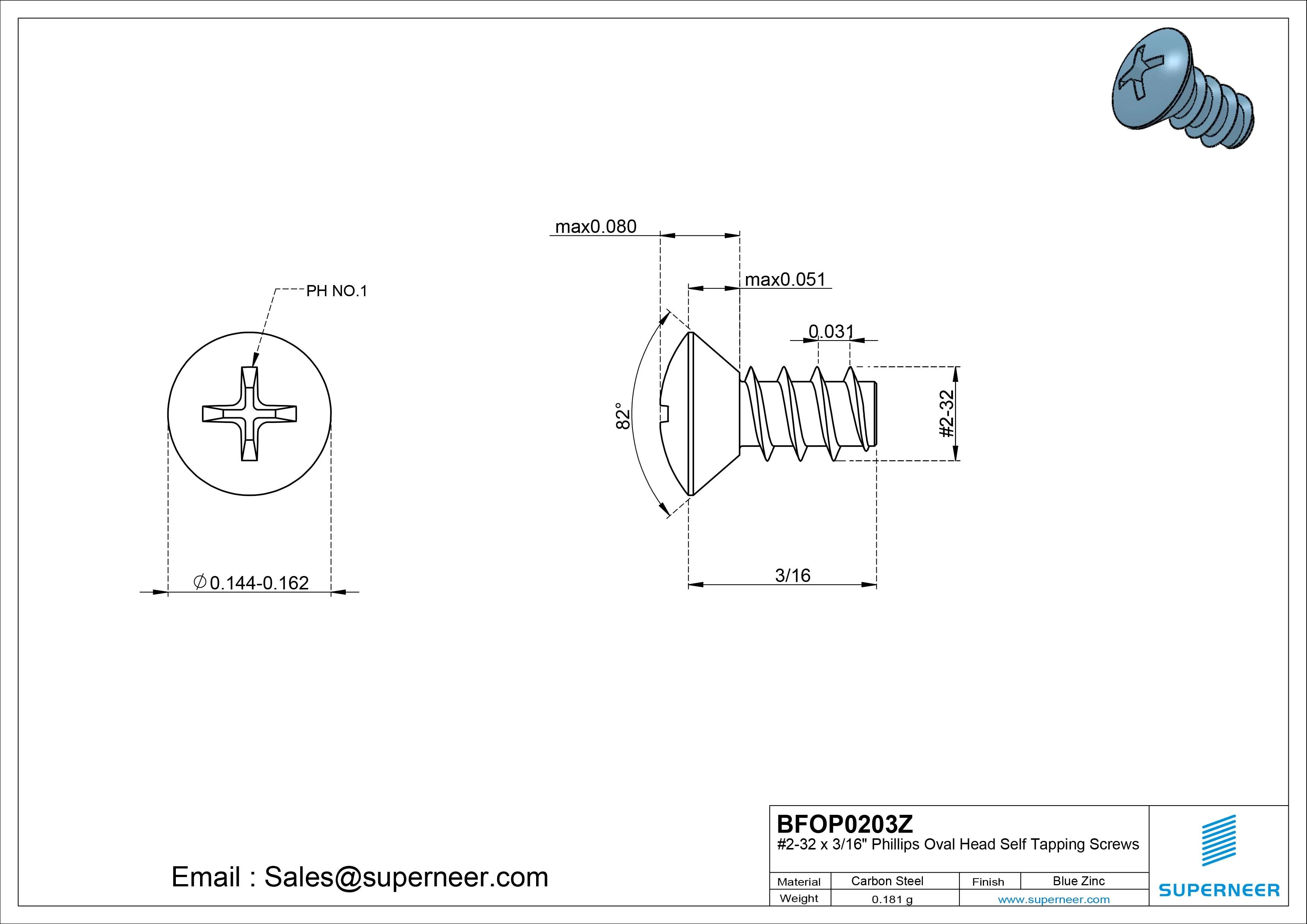 2-32 x 3/16" Phillips Oval Head Self Tapping Screws Steel Blue Zinc Plated