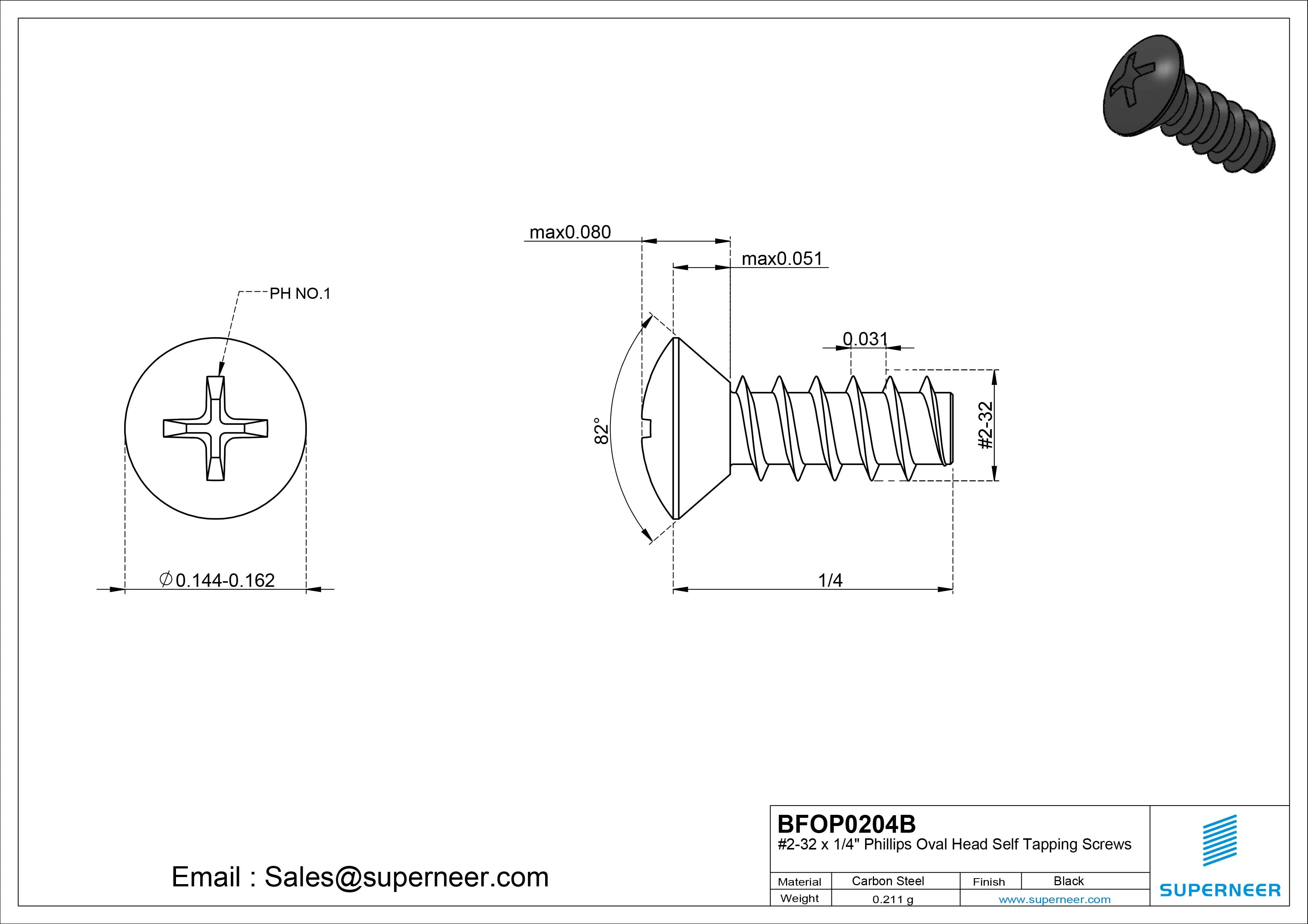 2-32 x 1/4" Phillips Oval Head Self Tapping Screws Steel Black Zinc Plated