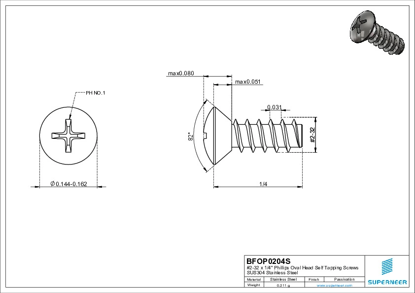 2-32 x 1/4" Phillips Oval Head Self Tapping Screws SUS304 Stainless Steel Inox