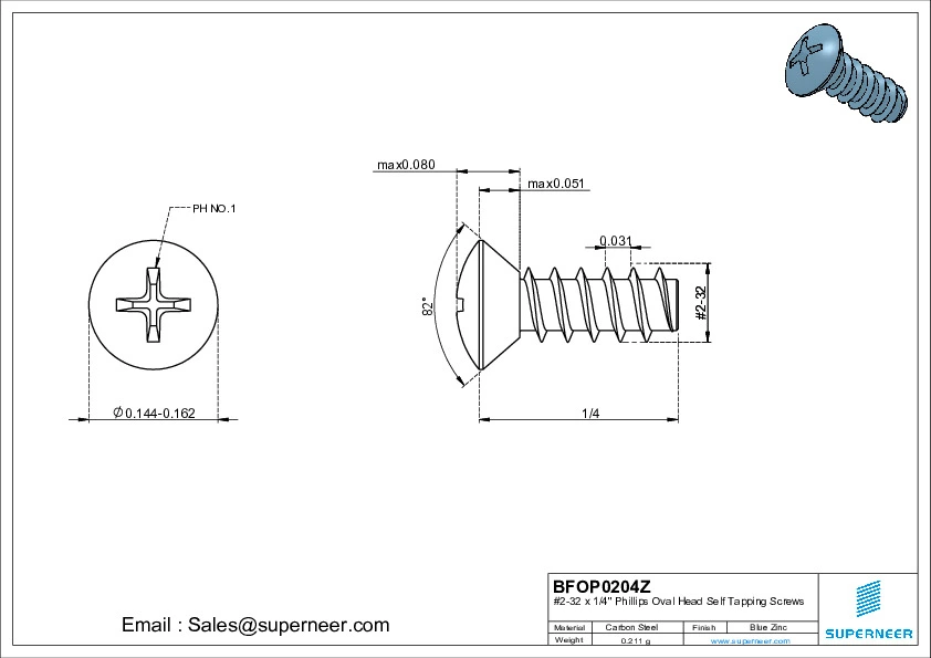 2-32 x 1/4" Phillips Oval Head Self Tapping Screws Steel Blue Zinc Plated