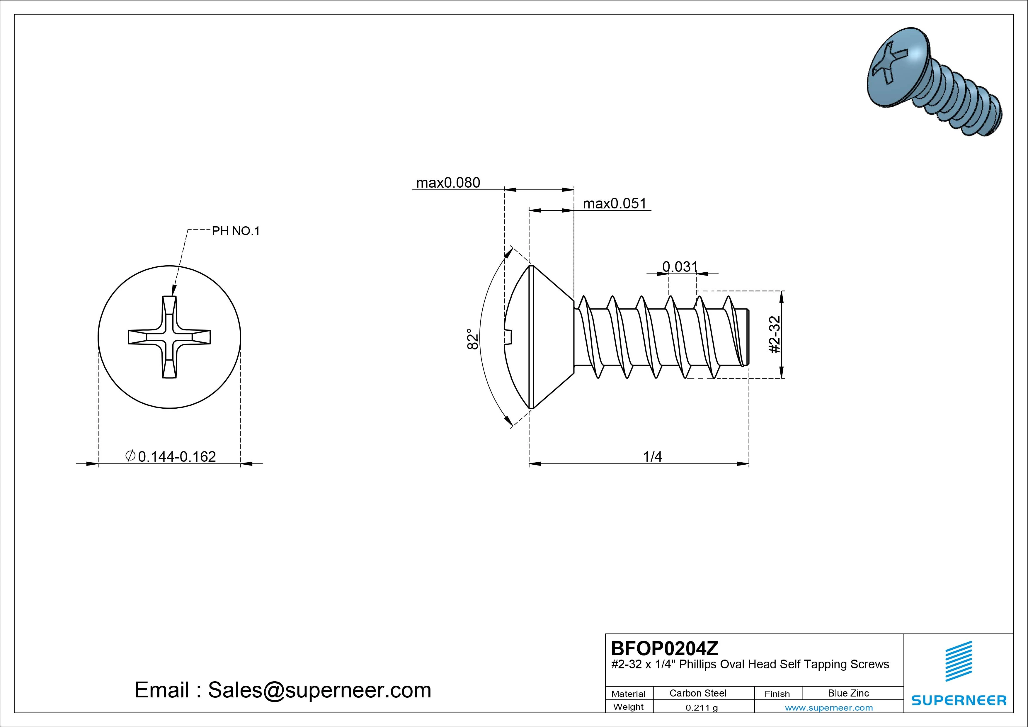 2-32 x 1/4" Phillips Oval Head Self Tapping Screws Steel Blue Zinc Plated