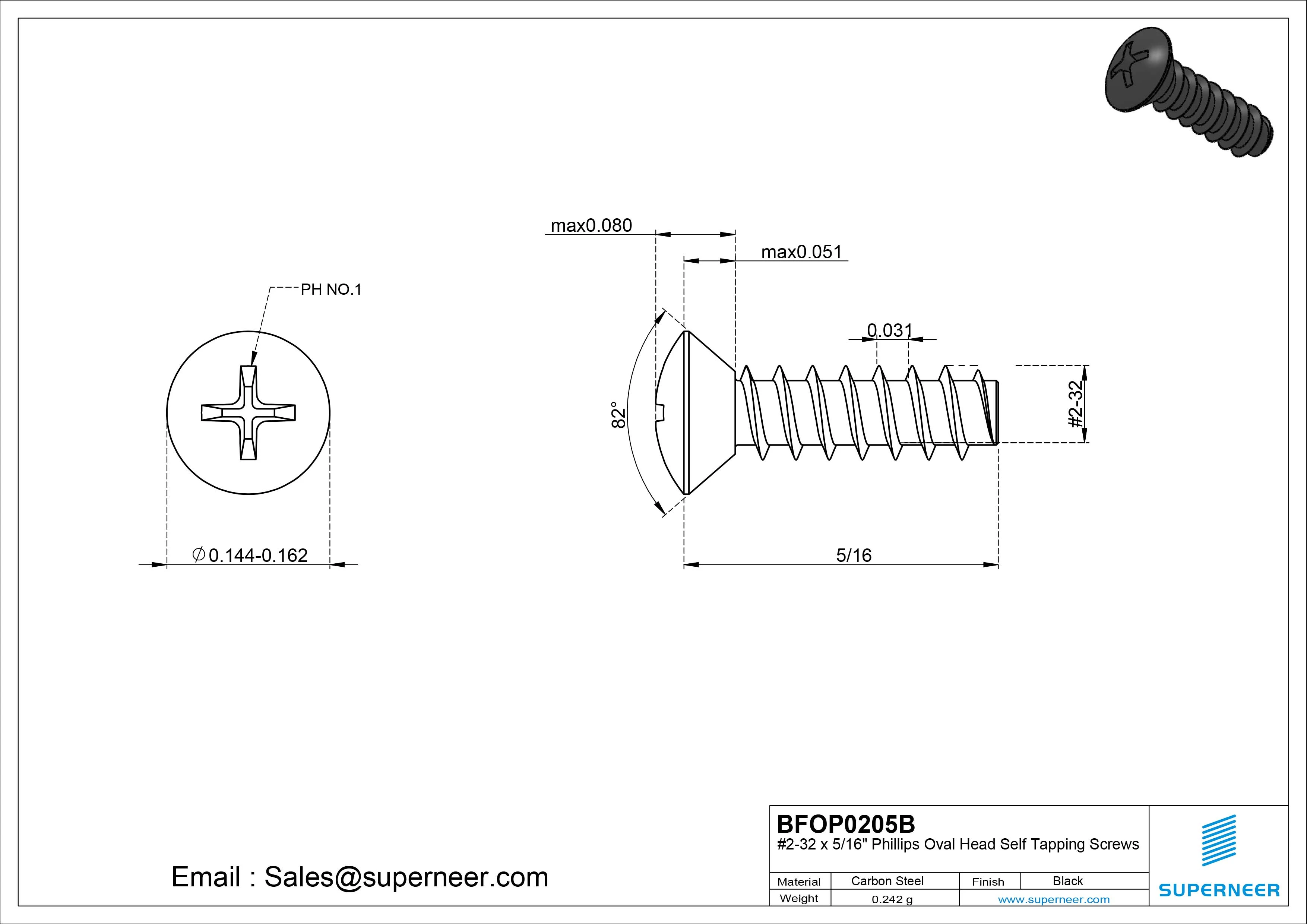 2-32 x 5/16" Phillips Oval Head Self Tapping Screws Steel Black Zinc Plated