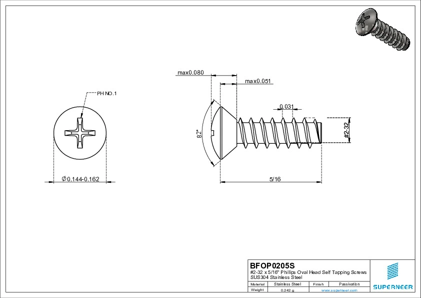 2-32 x 5/16" Phillips Oval Head Self Tapping Screws SUS304 Stainless Steel Inox