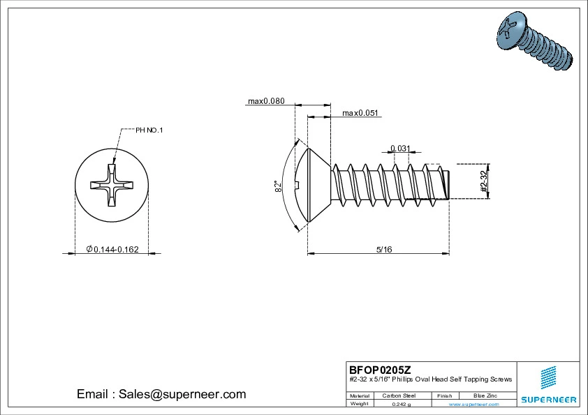 2-32 x 5/16" Phillips Oval Head Self Tapping Screws Steel Blue Zinc Plated