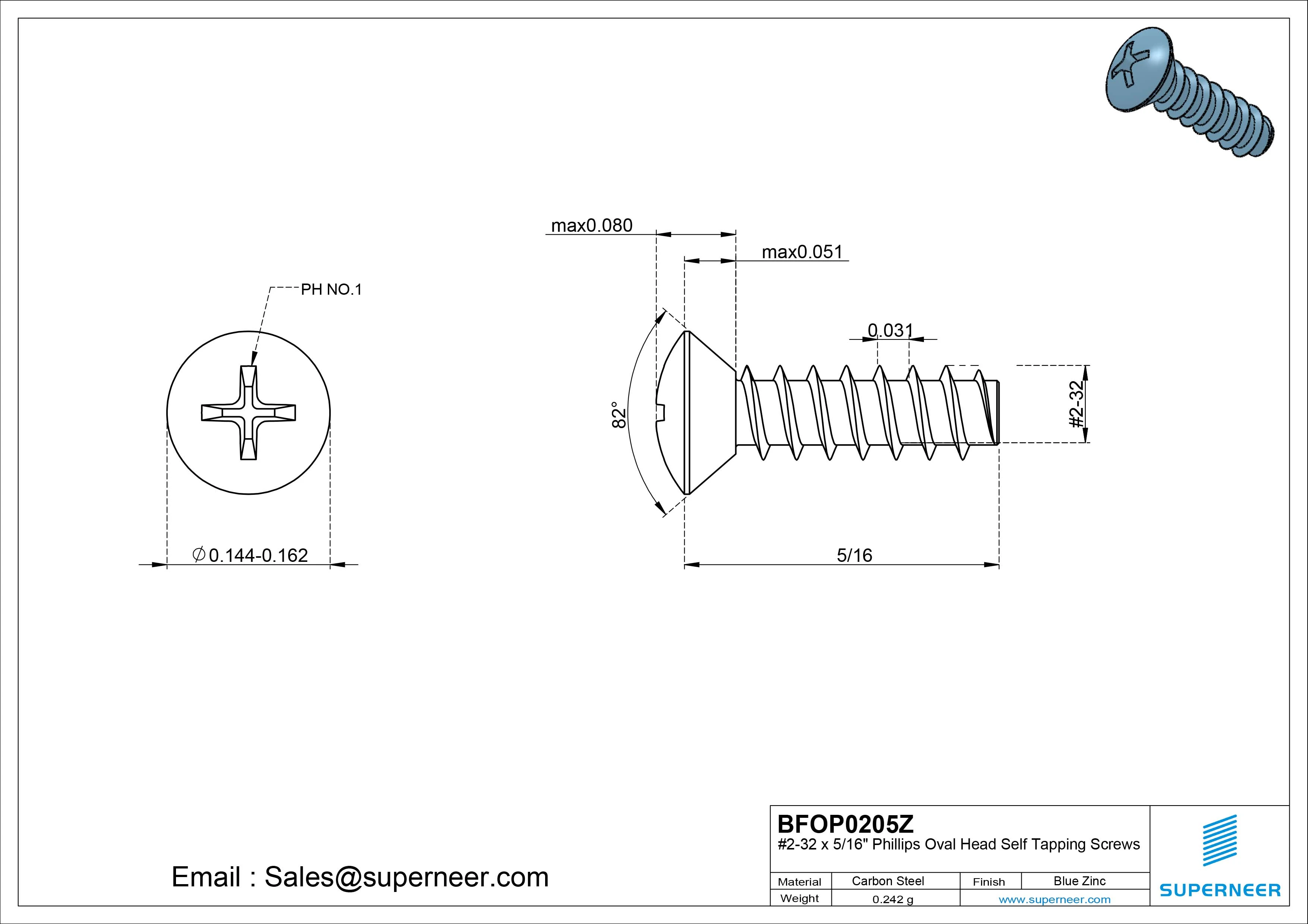 2-32 x 5/16" Phillips Oval Head Self Tapping Screws Steel Blue Zinc Plated