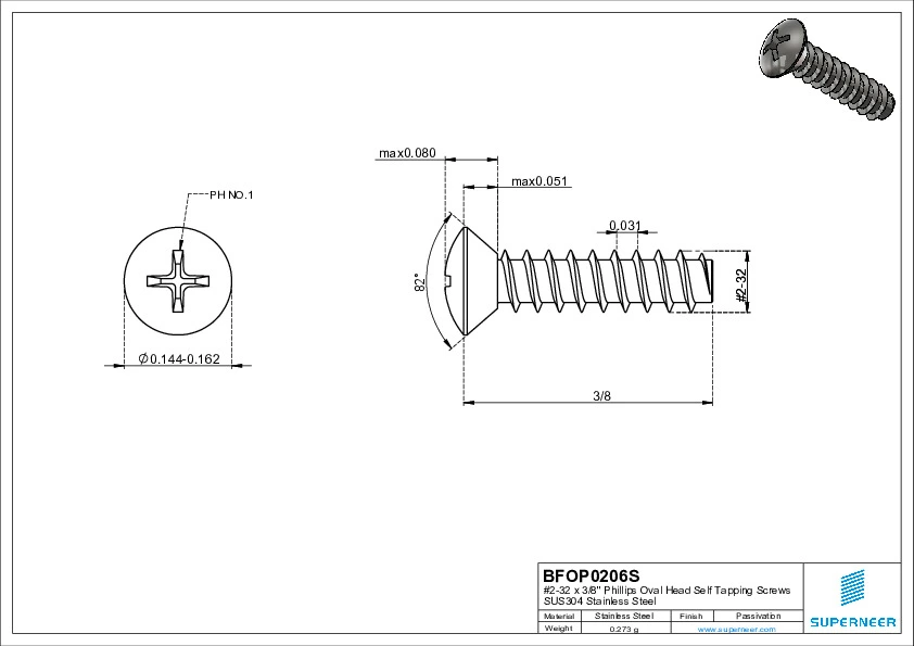 2-32 x 3/8" Phillips Oval Head Self Tapping Screws SUS304 Stainless Steel Inox