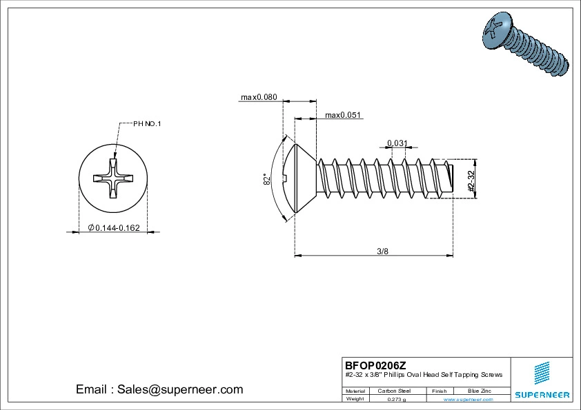 2-32 x 3/8" Phillips Oval Head Self Tapping Screws Steel Blue Zinc Plated