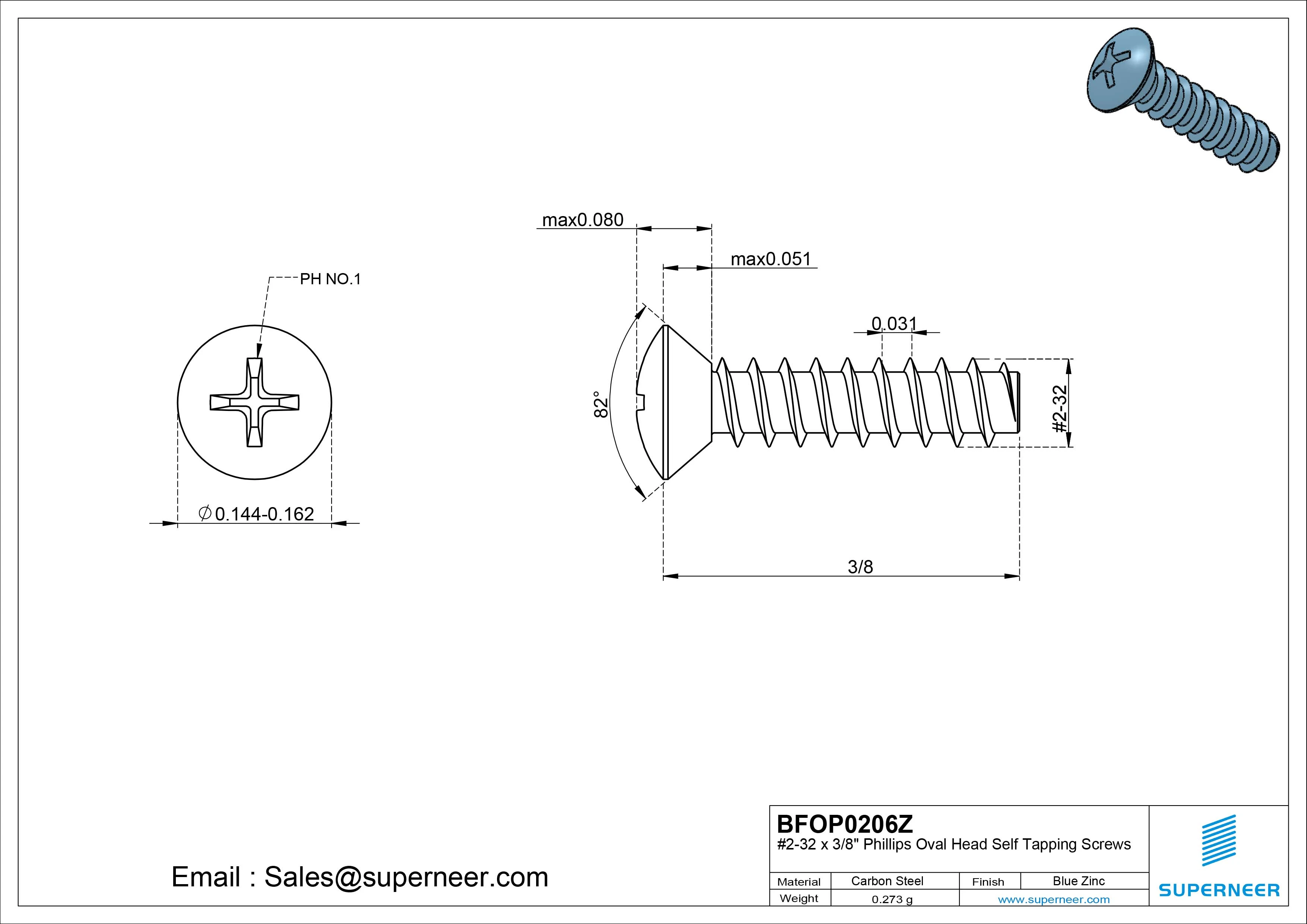 2-32 x 3/8" Phillips Oval Head Self Tapping Screws Steel Blue Zinc Plated