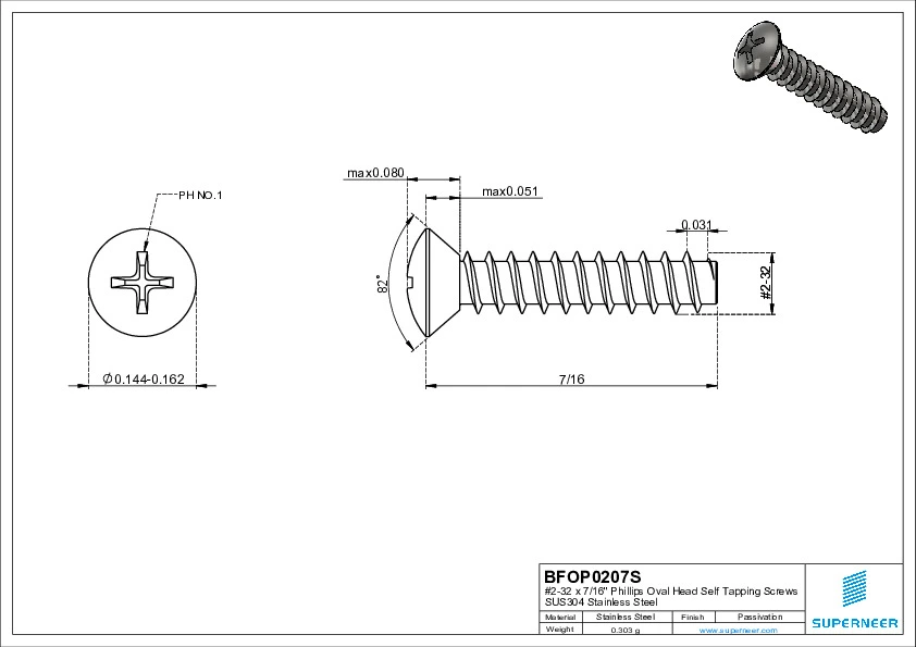 2-32 x 7/16" Phillips Oval Head Self Tapping Screws SUS304 Stainless Steel Inox