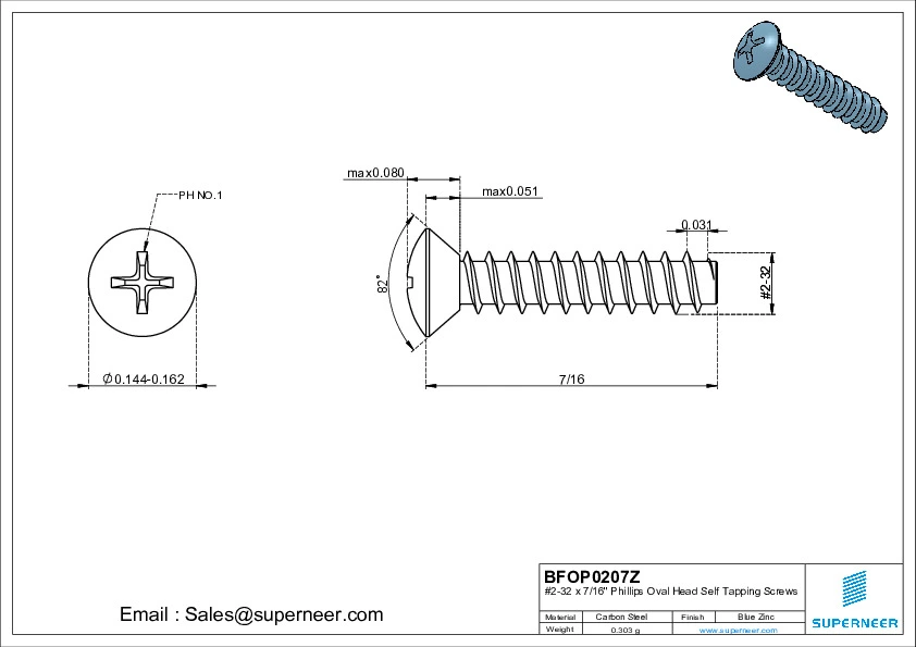 2-32 x 7/16" Phillips Oval Head Self Tapping Screws Steel Blue Zinc Plated