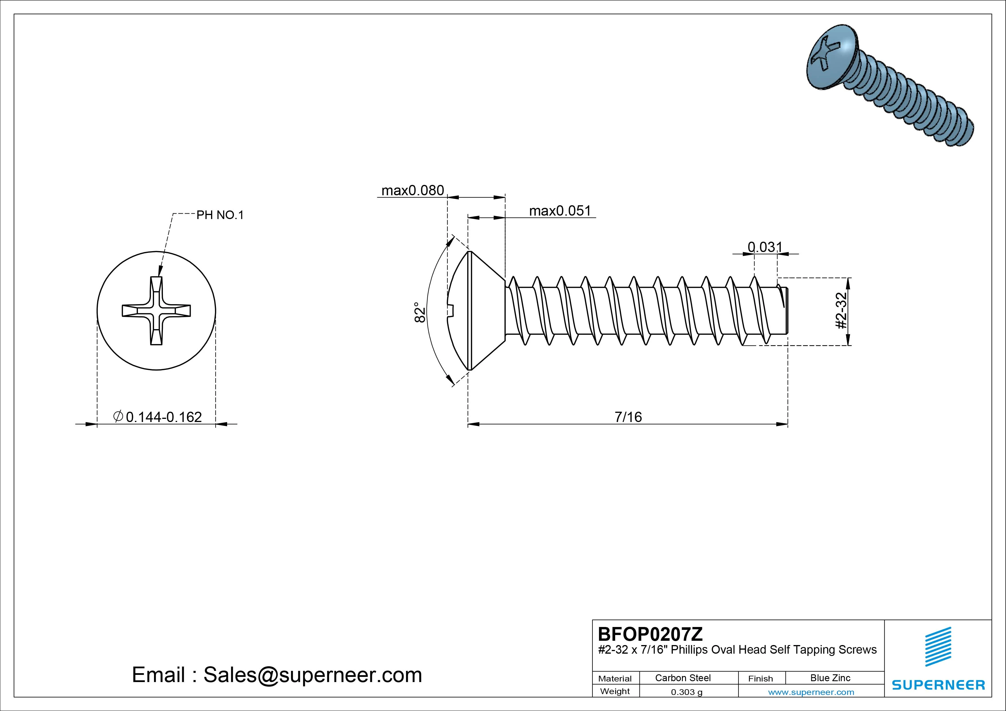 2-32 x 7/16" Phillips Oval Head Self Tapping Screws Steel Blue Zinc Plated