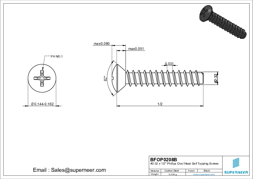 2-32 x 1/2" Phillips Oval Head Self Tapping Screws Steel Black Zinc Plated